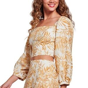 LOST + WANDER Tahiti Tropical Palm Leaf Square Neck Cropped Top Linen Blend